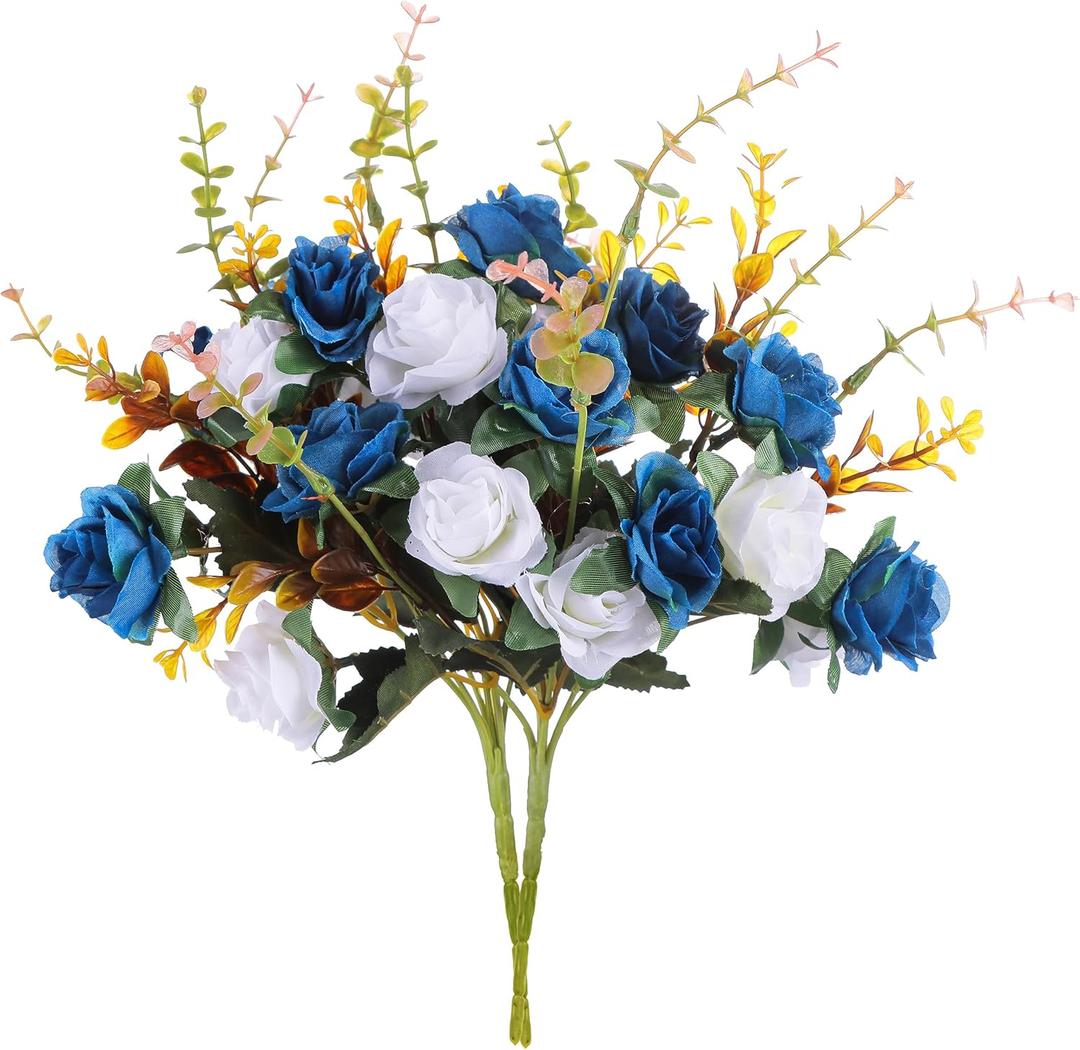 Artificial Flowers,2 Packs of Artificial Roses.24 Little Rose Silk Flowers. Plastic Flowers,Plants for Home Hotel Wedding Christmas Tables Decorations.Cemetery Flowers Dark Blue