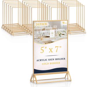 EHWINE 24 Pack Acrylic Sign Holder 5 x 7, Double Sided Gold Picture Frame Stand up Table Top Sign Holders, Clear Display Stand Menu Flyer Holder for Wedding Party