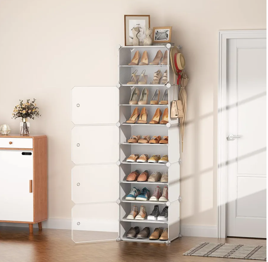 LANTEFUL 10 Tiers Tall Shoe Rack 20 Pair Shoe Organizer Narrow Shoe Rack with Door Portable Shoe Storage Cabinet with Hooks Sturdy Plastic White Shoe Shelf for Entryway and Bedroom