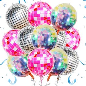 12PCS 22" Disco Balloons 4D Round Pink Silver Balloon for Bachelorette Birthday Parties 70s 80s 90s Theme Disco Ball Party Decorations.(4D)