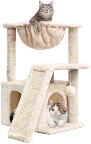 SYANDLVY Cat Tree for Indoor Cats Large Adults, Modern Activity Tower with Scratching Posts & Board, Condo with Plush Perch, Climbing Stand with Cradle & Hanging Ball for Play, Beige