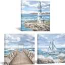 Artsbay Ocean Landscape Wall Art Blue Lighthouse Canvas Print Painting Boat Bridge Artwork Beach Modern Seascape Decorations Pictures for Living Room Bedroom Home Office 12" W x 12" H x 3pcs