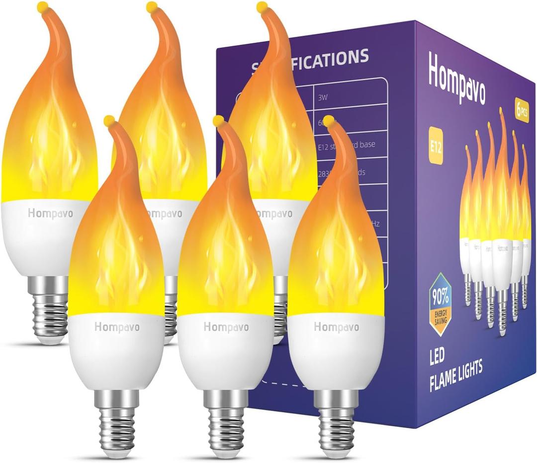 Hompavo Upgraded LED Flame Light Bulbs, 3 Modes Flickering Light Bulbs, E12 Chandelier Base Candle Fire Light Bulb for Christmas Halloween Party Porch Indoor & Outdoor Home Decoration - 6 Pack (Yellow)