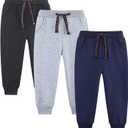 3 Pack Boy's and Girl's Fleece Pull on Jogger Sweatpant with Pockets and Drawstring 2-13 Years (#Black/Navy/Grey)