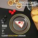 FOCUSLINE 7 Inch Small Clear Gold Plastic Plates 100 Count, Disposable Heavy Duty Clear Plates with Gold Rim, Premium Hard Plastic Plate Fancy Disposable Salad Plate for Wedding Parties