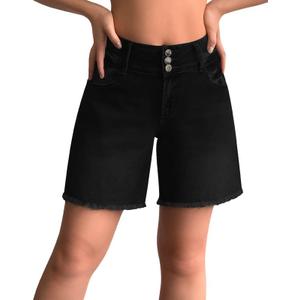 roswear Women's Stretchy Wide Leg High Waisted Frayed Hem Long Jean Shorts (Large, Black)