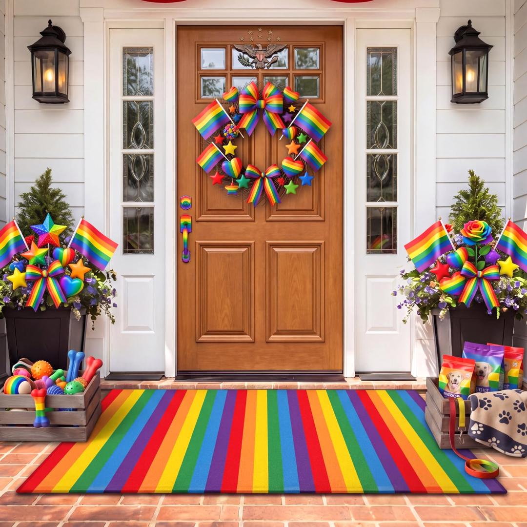Moucuny Rainbow Pride Day Striped Rug, 2' x 3' Welcome Rug Outdoor Front Porch Door Mat Layering Rustic Washable Doormat for Entryway Farmhouse Decor