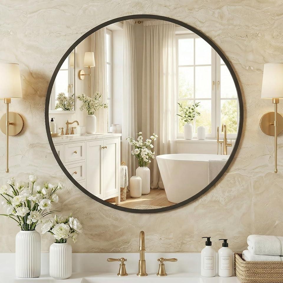 NEWBULIG 20 Inch Round Wall Mirror, Bathroom Mirrors for Over Sink | Metal Framed Circle Vanity Mirror, Wall Decor for Bedroom, Entryway, Anti-Rust, Tempered Glass, Hanging or Leaning, Black 