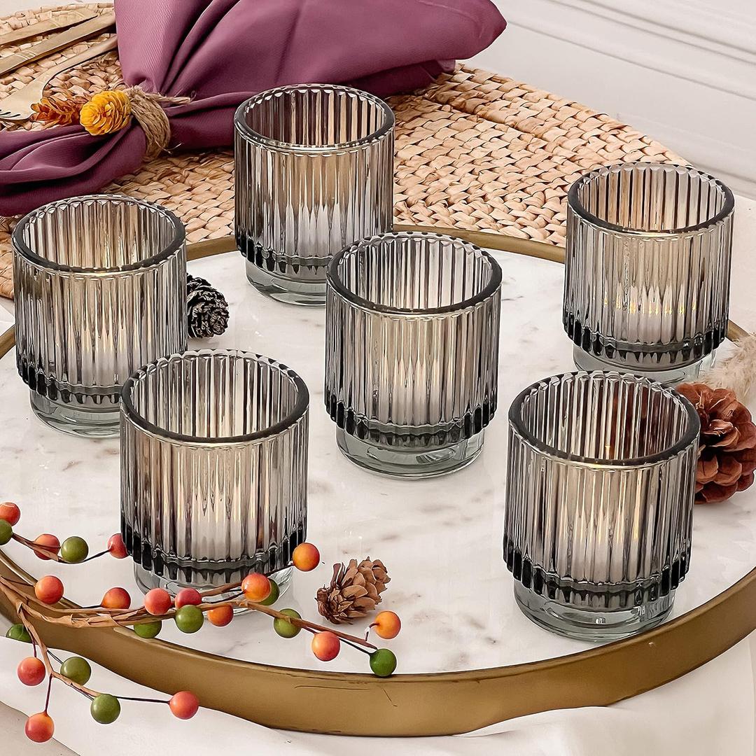 Kate Aspen Ribbed Glass Candle Holder Set - 6 Smoke Gray Tealight Holders for Home, Kitchen, Room or Living Room Decor - Vintage Tea Light Votive Accent for Table or Shelf Styling (One Size)
