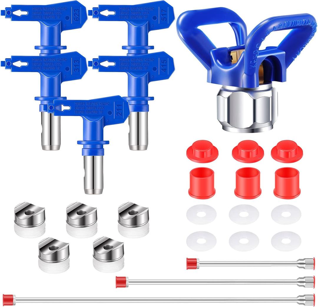 9 Pieces Airless Paint Sprayer Tips Reversible Spray Tip Airless Paint Sprayer Nozzle and Spray Gun Tip Extension with Red Guard Pole Rod and Tips(211, 313, 415, 517, 623)