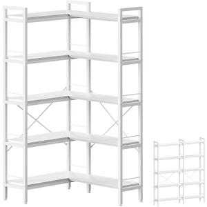 Huuger 5 Tier Bookshelf, L Shaped Corner Bookshelf with 10 Open Shelves, 49.4 Inch Straight Wide Bookcase with Metal Frame and Wooden Board, Adjustable Feet, White