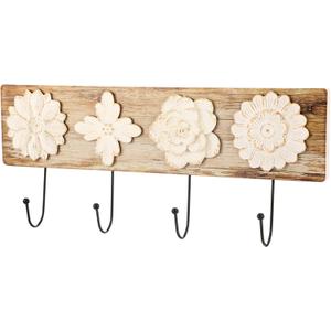 Wood Floral Coat Rack with 4 Hooks Vintage White Flower Wall Mounted Coat Hooks Decor Rustic Theme for Home Entryway Bathroom Hats Keys Towels