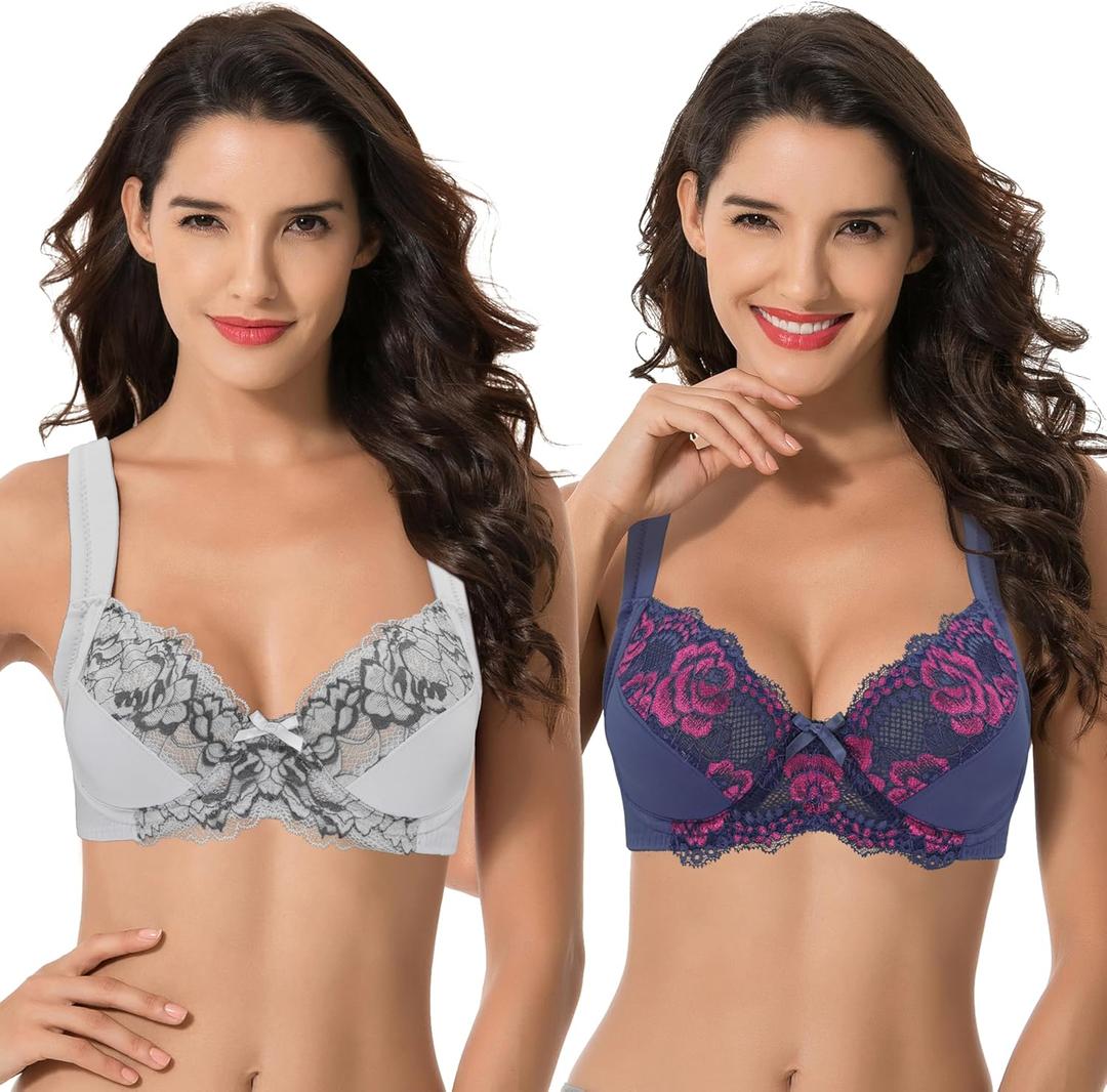 Curve Muse Women's Plus Size Unlined Underwire Lace Bra with Cushion Straps-2PK (34B, Light Grey,navy(2 Pack))