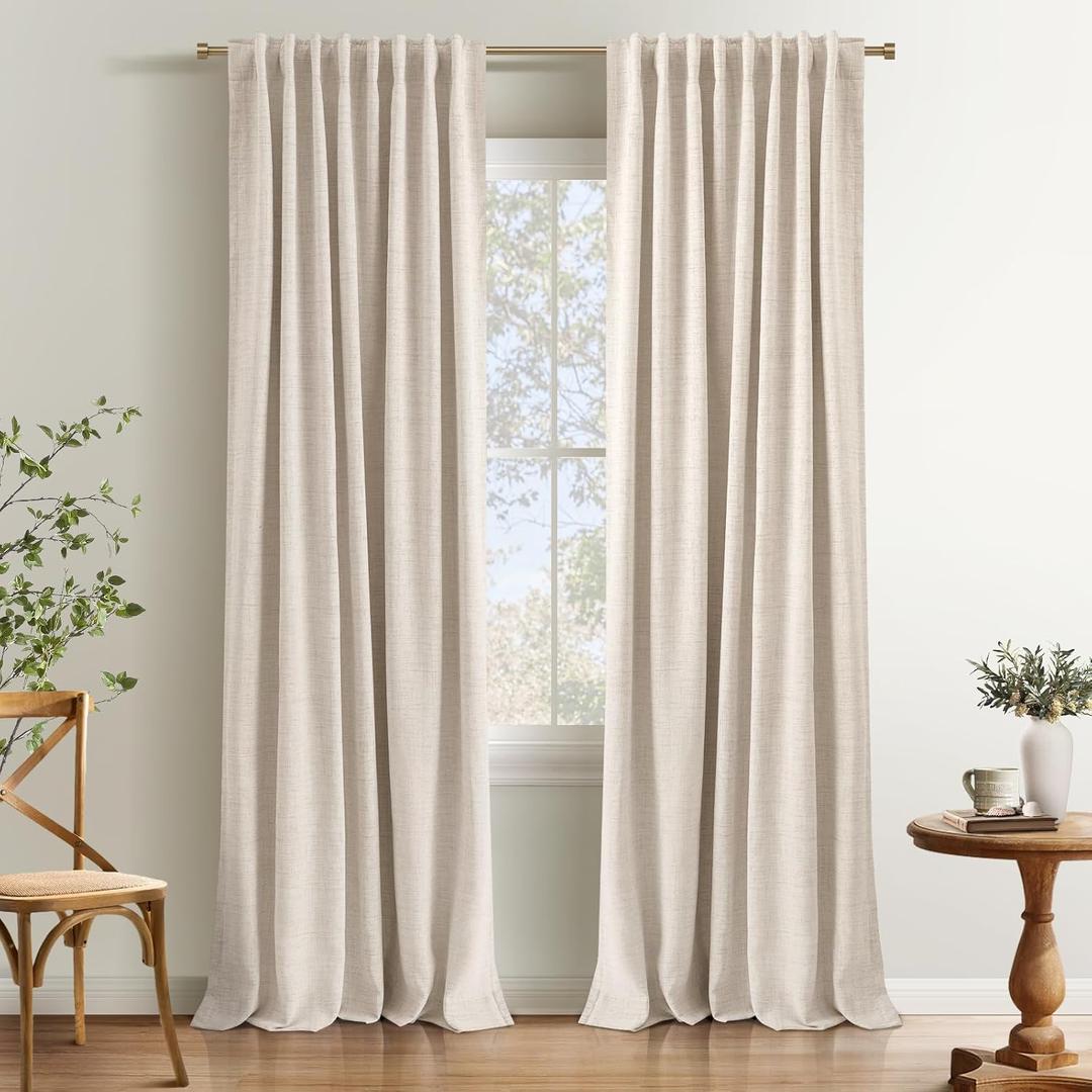 INOVADAY 100% Blackout Curtains 63 Inches Length 2 Panels Set, Back Tab/Rod Pocket Linen Black Out Curtains for Bedroom, Thermal Insulated Window Drapes - Cream, W50 X L63