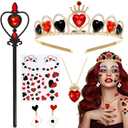 5 Pcs Red Gem Women Halloween Queen Costume Accessories, Queen Crown Red Necklace Poker Earrings Scepter Glitter Stickers, Halloween Party Cosplay Set