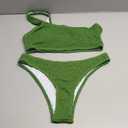 Green Embossed Striped Print Bikini Set One Shoulder, Size L