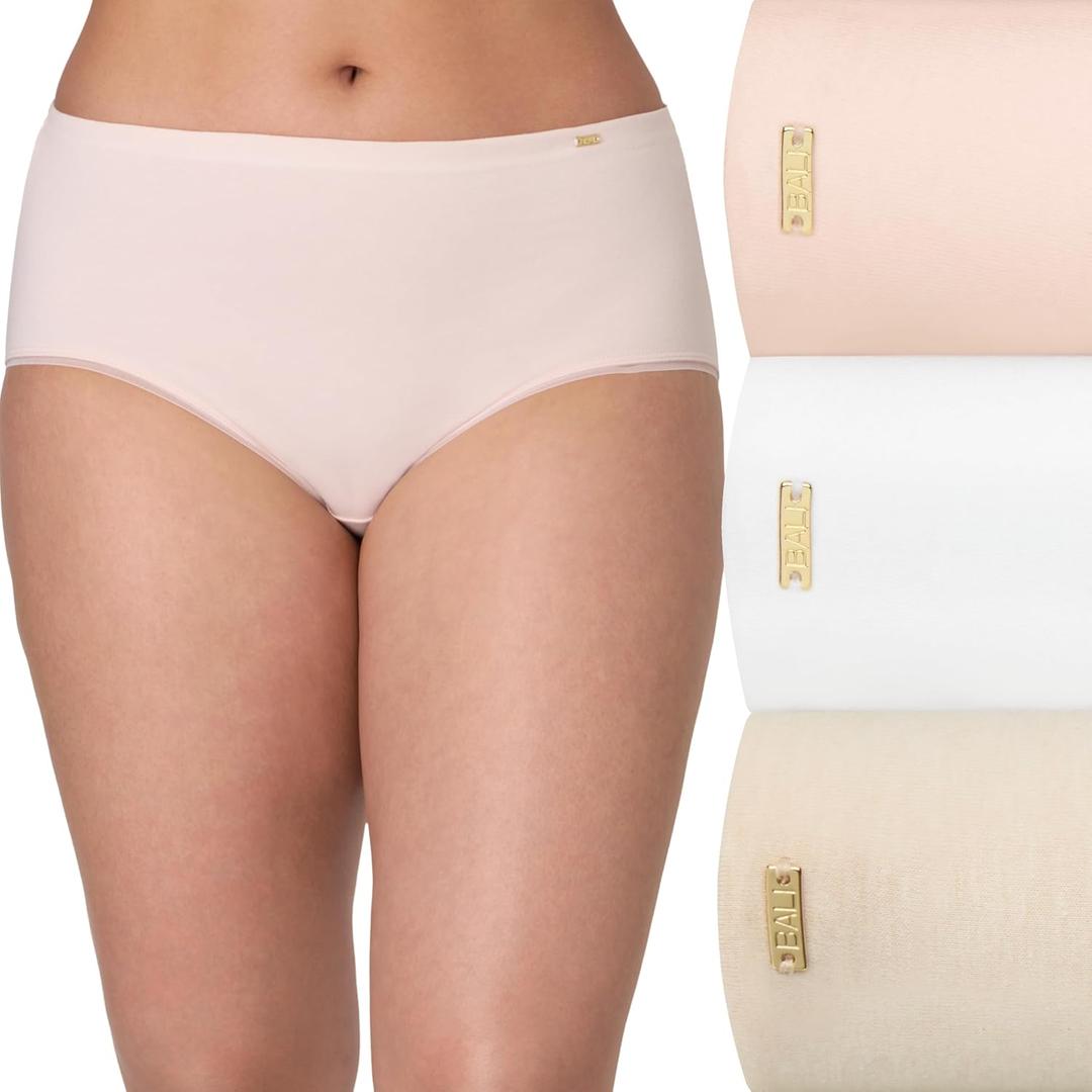 Bali Women's Pack, Lux Cotton Essentials Hipster Underwear, Moisture-Wicking, Tummy Control, 3-Pack (8, Light Buff/ White/ Tropical Sand Heather)