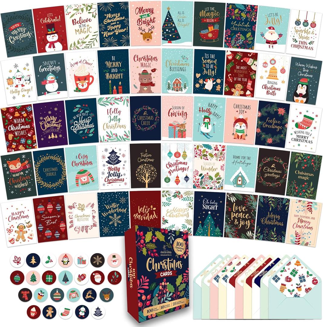 Decorably 100 Pack Foiled & Glittery Boxed 6x4in Assorted Christmas Cards with Envelopes and Stickers, 100 Unique Holiday Designs Seasons Greetings for Loved Ones, Printed Message - Gifting, Mailing