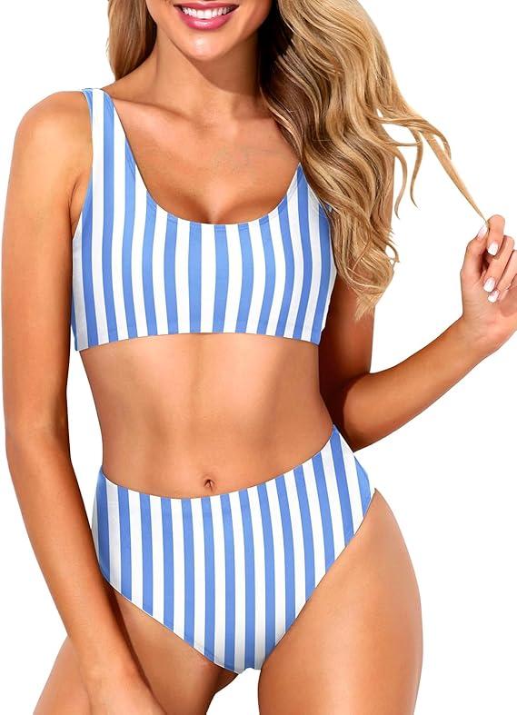 Tempt Me Women Two Piece Scoop Neck Bikini Crop Top Swimsuit Sporty High Waisted Bathing Suit XL Blue White Stripe
