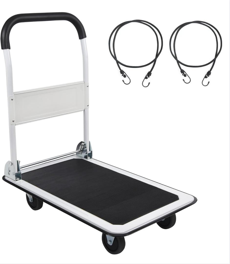 LEADALLWAY Foldable Push Cart Platform Cart 330lbs Capacity 4 Wheels 28.7x18.5x32.3inches White with 2 Ropes Small Flatbed Cart