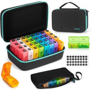 Monthly Pill Organizer 2 Times a Day with Weekly Pill Bag, 30 Day Pill Organizer 2 Times a Day with Large 32 Compartments, Monthly Stickers, Pill Cutter, Hard Travel Case Medicine Vitamins Case
