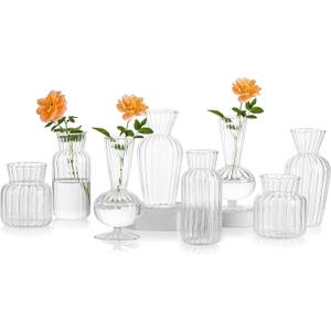 Mini Glass Vases for Centerpieces - Hewory Clear Small Bud Vases in Bulk, Cute Flower Vases Set for Wedding, Home Decoration, Table Decor (Clear, 8)