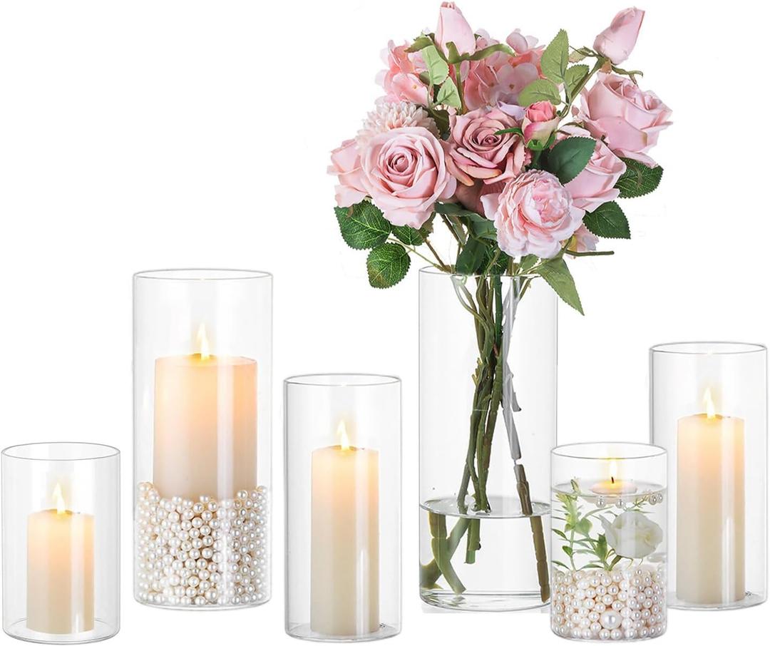 Hewory Hurricane Glass Candle Holders: 6 PCS Clear Hurricane Candle Holders for Pillar Candles Floating Candles, Glass Cylinder for Table Centerpieces Christmas Wedding Party Holiday Home Decor