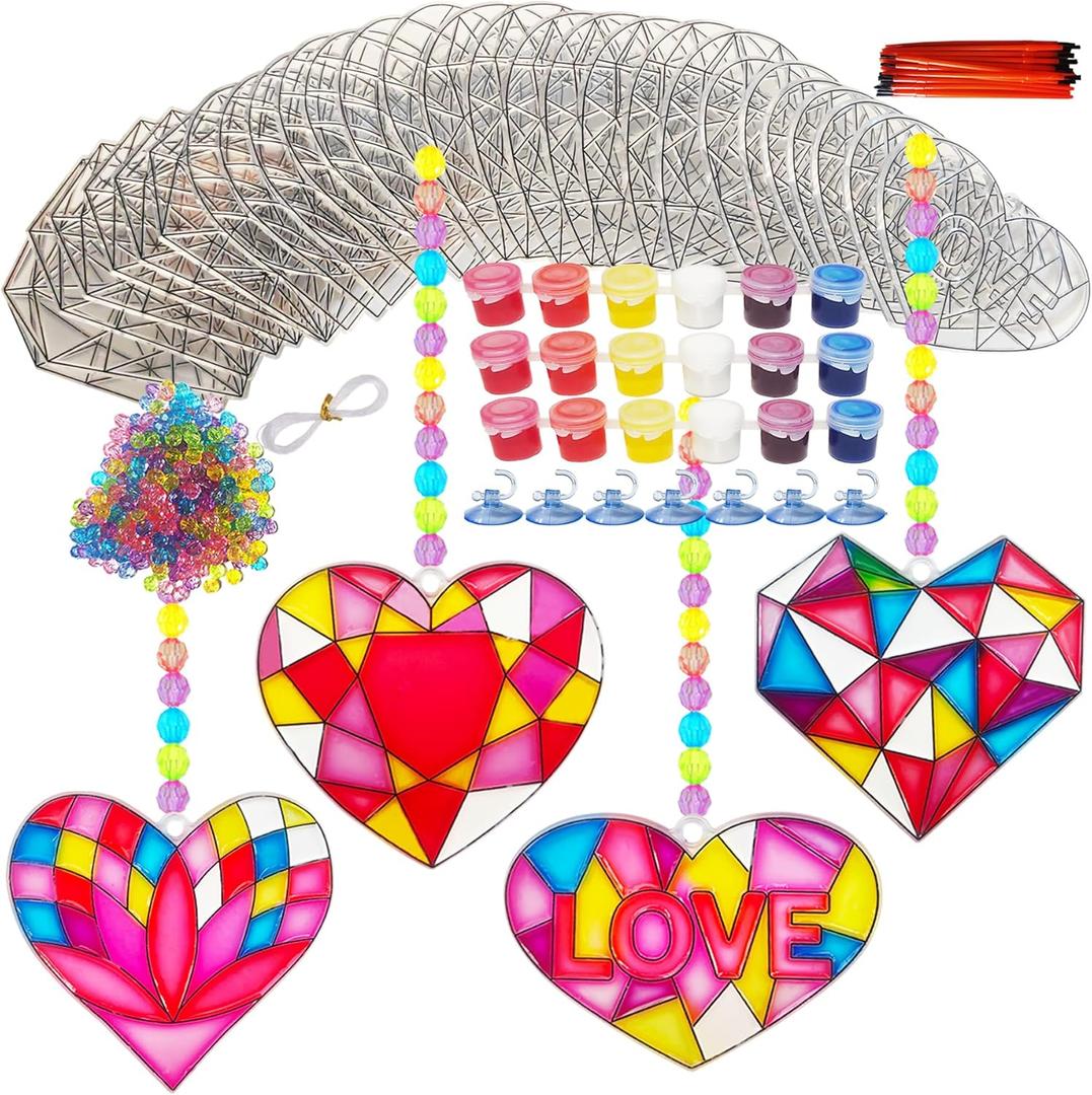 Ayhuhra 28 Sets Valentine's Suncatcher Craft Kit DIY Window Paint Art Suncatchers Heart Sun Catchers for Valentine's Day Art Craft Mother's Day Party Favors Gift Exchange