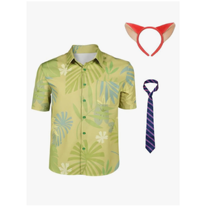 Nick Wilde Costume Adult Fox Nick Cosplay Hawaii Green Printed Shirt Fox Ear Hairband Striped Tie Halloween Outfits, M