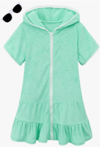LUCKYGAL Girls Swim Cover Up Kids Swimsuit Coverup Terry Zip-Up Beach Bathing Suit Wraps with Sunglasses 10-11Y