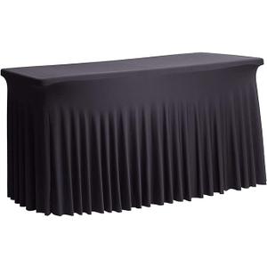 6 ft Long Rectangular Stretch Tablecloth Table Skirt, One-Piece Spandex Jacket Cover, Tight Fit Linen-Fitted Table Cover for Trade Show, DJ, Wedding, Party, Kiosk-Premium Fabric (Black)
