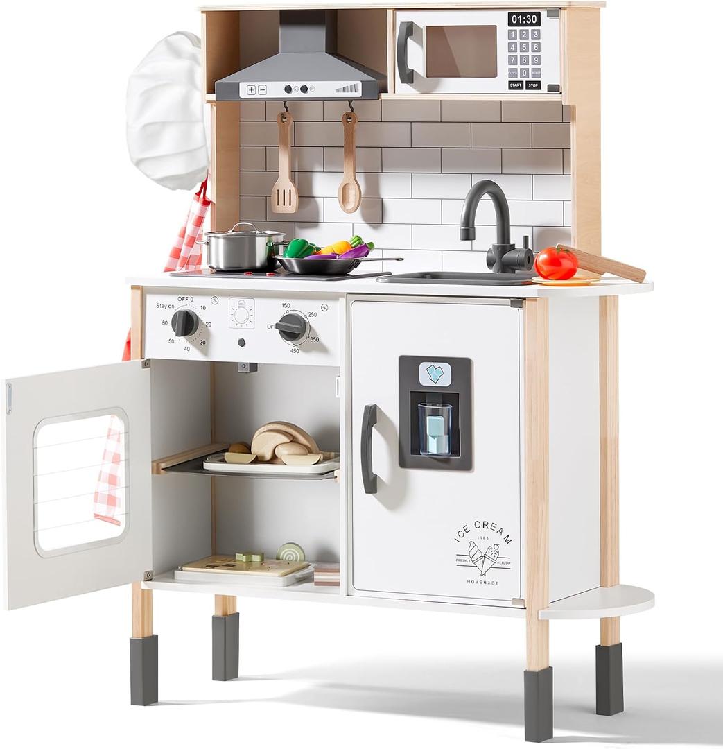 Tiny Land Play Kitchen for Kids, Wooden Kids Play Kitchen Playset Chef Pretend Play Set for Toddlers with Real Lights & Sounds, Toys Kitchen with 18 Pcs Toy Food & Cookware Accessories (White)
