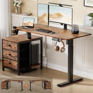 REAHOME Electric Standing Desk with Drawers, 47 x 24 Inches Height Adjustable Sit Stand Desk with Storage, 3 Memory Preset Home Office Computer Desk, Printer Cabinet, Cable Management, Rustic Brown