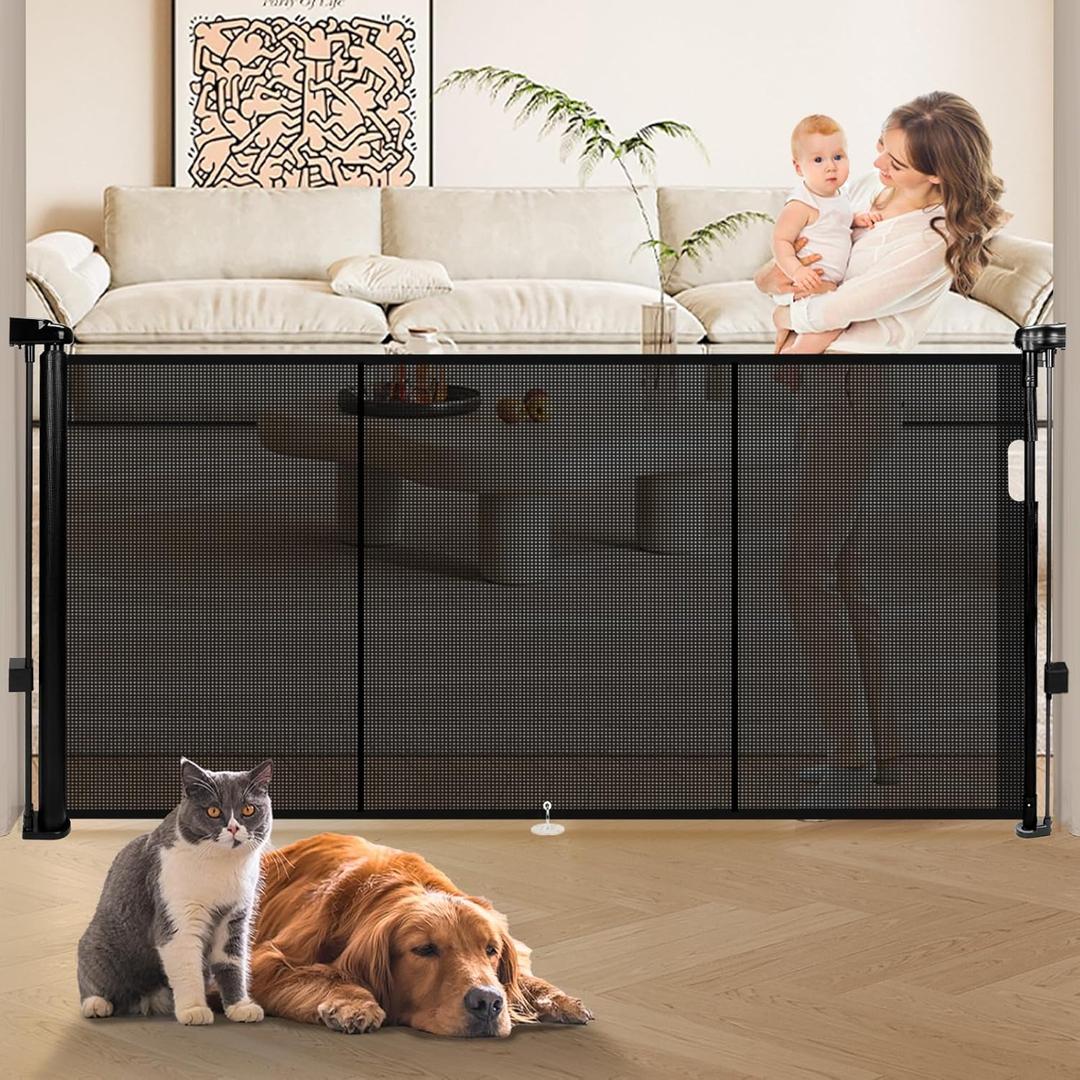 55" Retractable Baby Gate Extra Wide, 41" Tall Retractable Dog Gate for Stairs, Doorways, Decks, Mesh Gate Long Child Gate Pet Gate for Indoor, Outdoor, with Reinforced Mesh Rods, Dual Locks (Black)