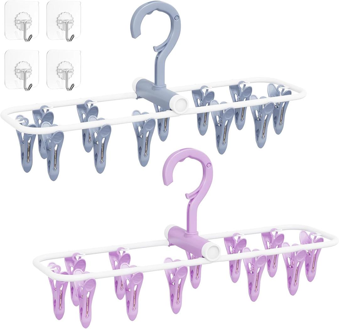 Clothes Drying Hanger with 12 Clips, 2 Pack Folding Portable Hanging Drying Rack,Drip Foldable Hanging Rack, 360 Rotatable Hook for Drying Towels Bras Baby Clothes Gloves Plastic(Blue&Purple)