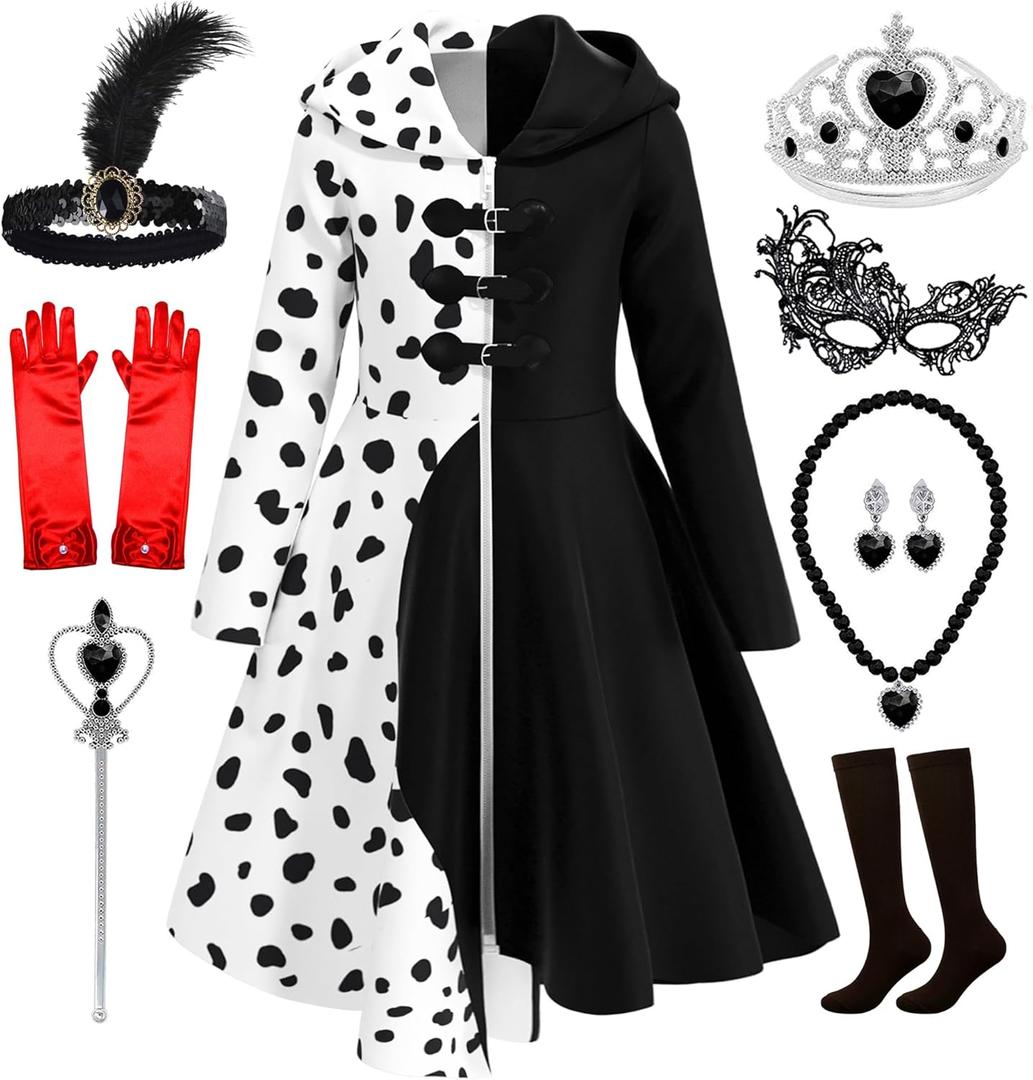 Akokvlar 9PCS Girls Dalmatian Print Costume Vintage Halloween Dress Up Outfit (10-11 Years, White)
