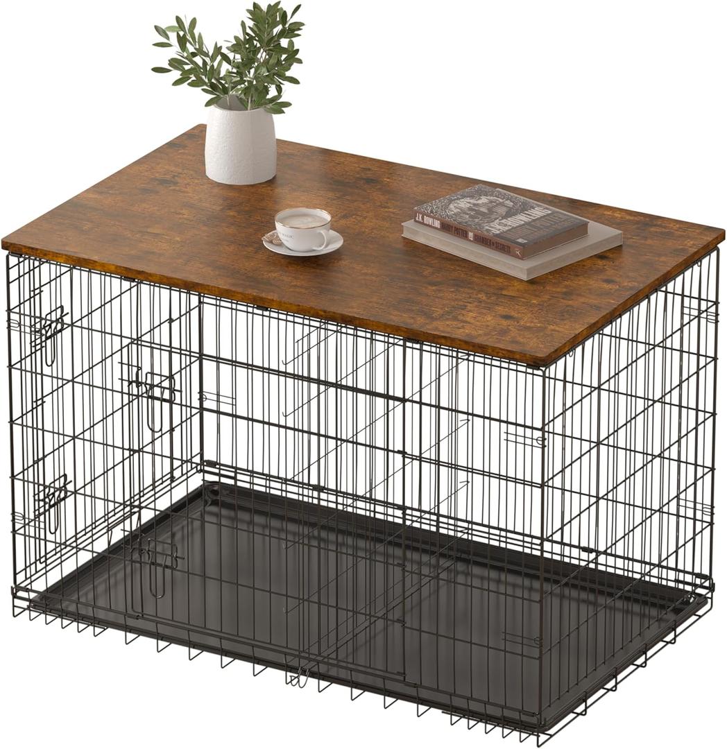 Piskyet Dog Crate Topper Wood Countertop for 48 42 36 30 24 inch Dog Cage, Dog Crate Cover,Dog Kennel Topper(Crate Not Include) (Rustic Brown, for 24 Inch Crate)