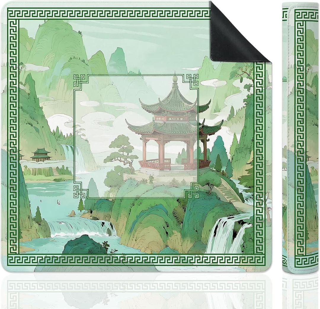 Green Chinoiserie Mahjong Mat for Table, Traditional Oriental Pavilion Chinese Landscape 31.5" x 31.5" Non-Slip & Noise Reduction Mahjong Mat for Poker Dominoes Cards & Board Games