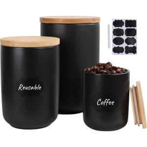 Kitchen Canisters Set with Airtight Bamboo Lid, Ceramic Canister Set of 3, Coffee, Flour, Tea Containers for Countertop, Food Storage Containers with Sugar, Black