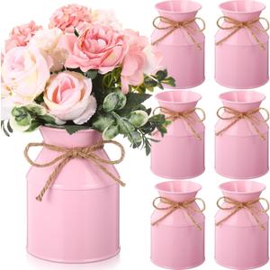 Domensi 6 Pcs 5.12 Inch Farmhouse Metal Flower Vase Galvanized Milk Can Jug Vase with Twine Bow Rustic Flower Buckets for Floral Table Centerpiece Wedding Home Kitchen Decor (5.12 Inch, Pink)