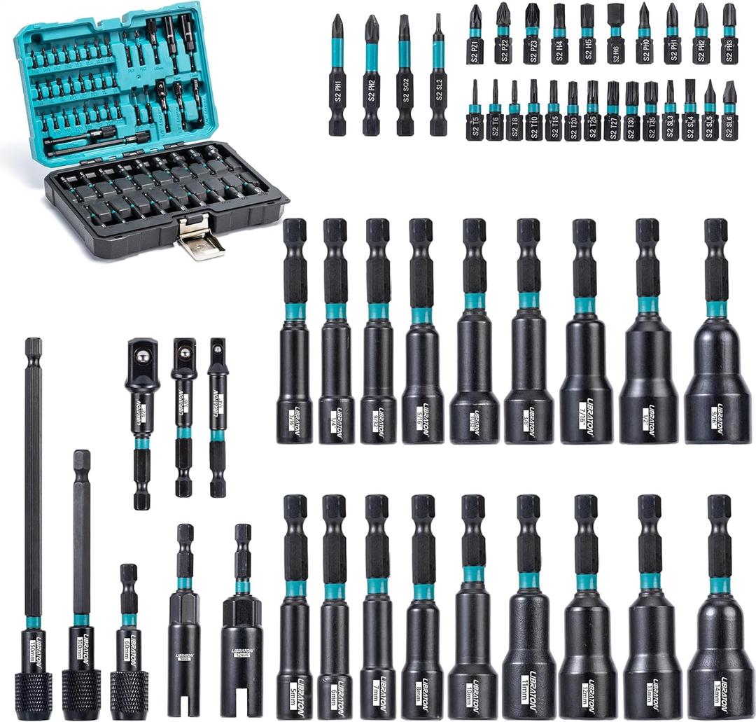 LIBRATON 54PCS Magnetic Nut Driver Set, Impact Drill Driver Bit 1/4", Metric & SAE Nut Drivers for Impact Drill, Socket Adapters, Screwdriver Bit, Quick-Release Extension, Wing Nut Driver, Storage Box (Metric & SAE 54PCS)