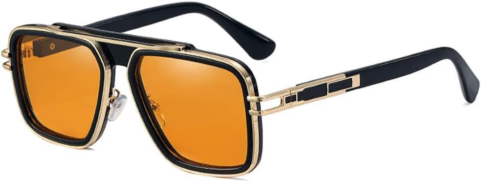 Trendy Retro Sunglasses for Men Women Stark Vintage Shades 70s Italian Fashion Square Metal Glasses (Yellow Lens / Black Frame)