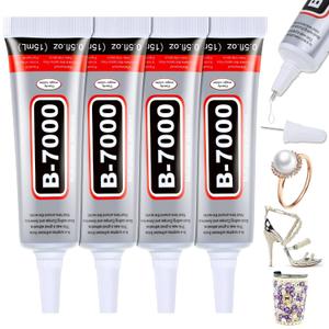 B7000 Glue Clear for Rhinestones, 4pcs 15mL Strong Adhesive B-7000 Jewelry Bead Gem Glue with Precision Tip, Quick Dry Bedazzling Adhesive for Jewelry Making Clothe Fabric Shoes DIY Crafts Nail Art