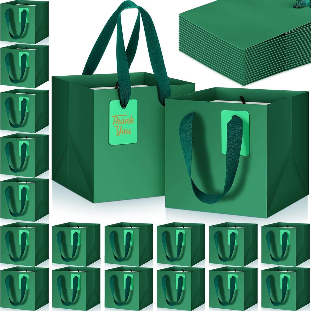 Windyun 50 Pcs Mini Paper Gift Bags with Handle 6 x 6 x 6'' Square Small Favor Bag with DIY Thank You Tag for Christmas Birthday Wedding Bridal Shower Bridesmaid Graduation Party (Green) (1 count (Pack of 50))