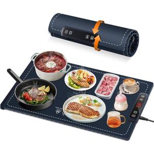 Food Warming Mat, Electric Warming Tray, Silicone Fast Heating Warmer Pad, 6 Temp Adjustable, Timer & Safety Lock, Auto Shut-Off for Countertops Buffets Party (Blue)