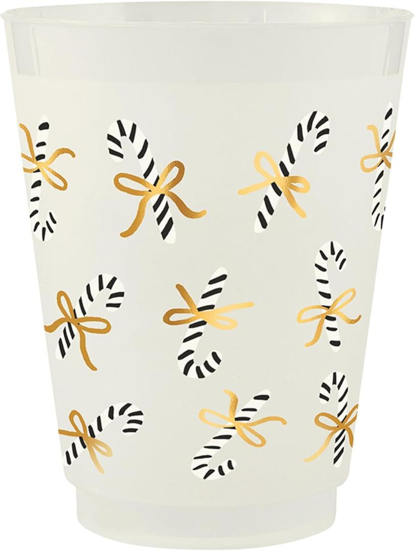Santa Barbara Design Studio Holiday 8-Count Gold Foil Embellished Plastic Frost Beverage Cups, 16 Fluid Ounces, Candy Canes