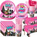219 Pcs Pink Hero Birthday Party Decorations Girl Pink Comic Hero Plates Napkins Cups Tablecloth Cutlery Straw Disposable Tableware Set for Birthday Baby Shower Party Supplies, Serves 24
