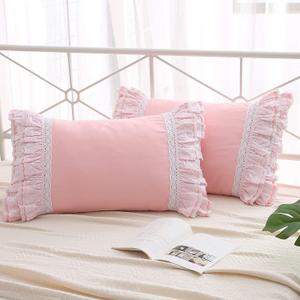 2-Pack Pink Pillow Shams Cases Covers with Ruffles and Lace Cotton King Size 20"X36"Soft Boudoir Luxurious