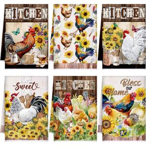 Bencailor 6 Pcs Farmhouse Kitchen Towels Chicken Rooster Kitchen Decor Farm Animal Hand Towels for Cooking Baking Housewarming Gift,15.75 x 23.62 inch(Multicolor,Sunflower Rooster)