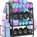 VOPEAK Dumbbell Rack for Home Gym, Adjustable Weight Rack Stand with Wheels, Heavy Duty Steel Storage Organizer for Dumbbells Kettlebells Yoga Mat, with Locking Casters & Side Hooks